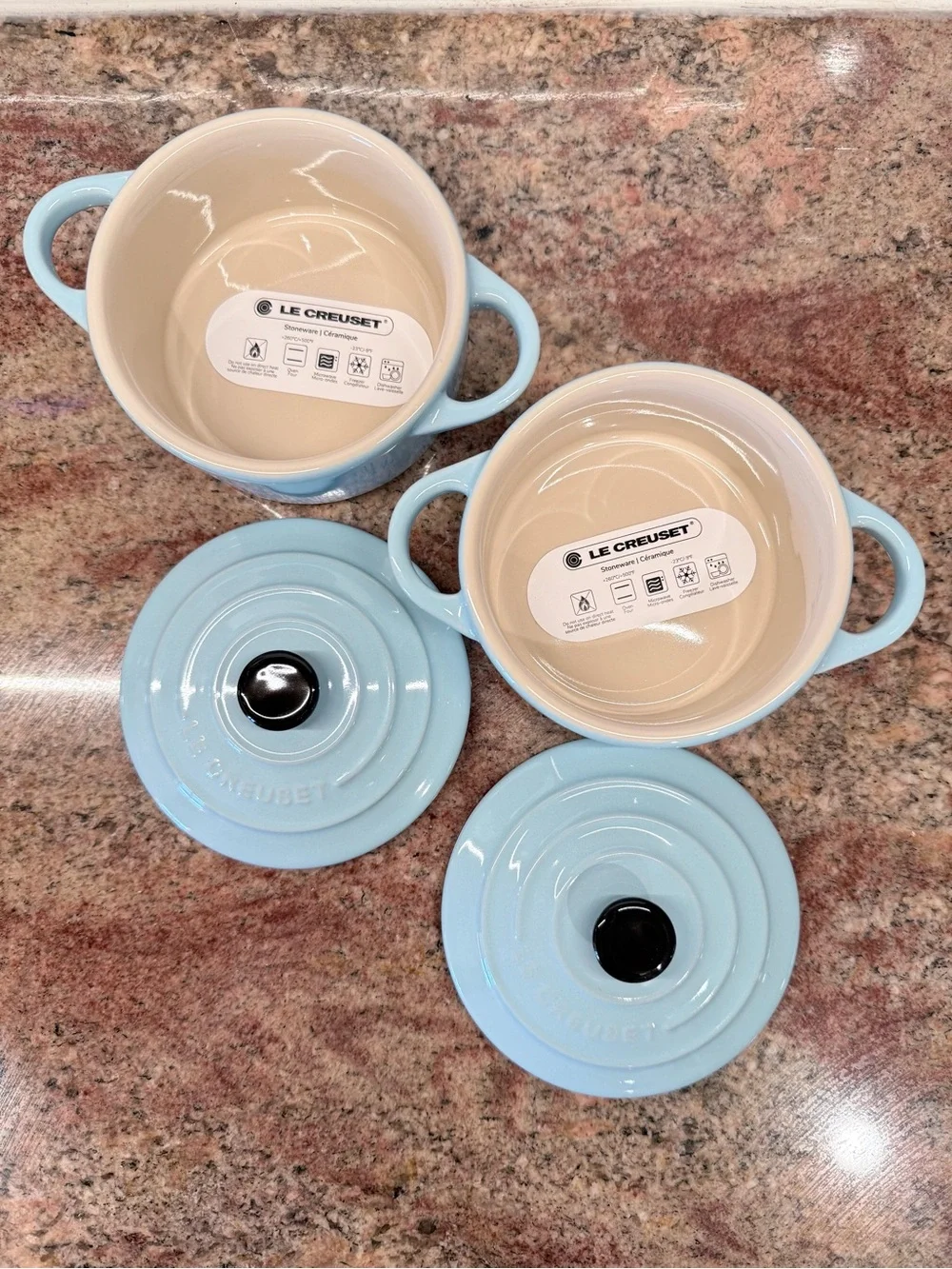 RARE Le Creuset Sky Blue Mini Round Cocotte Set of 2. NEW.